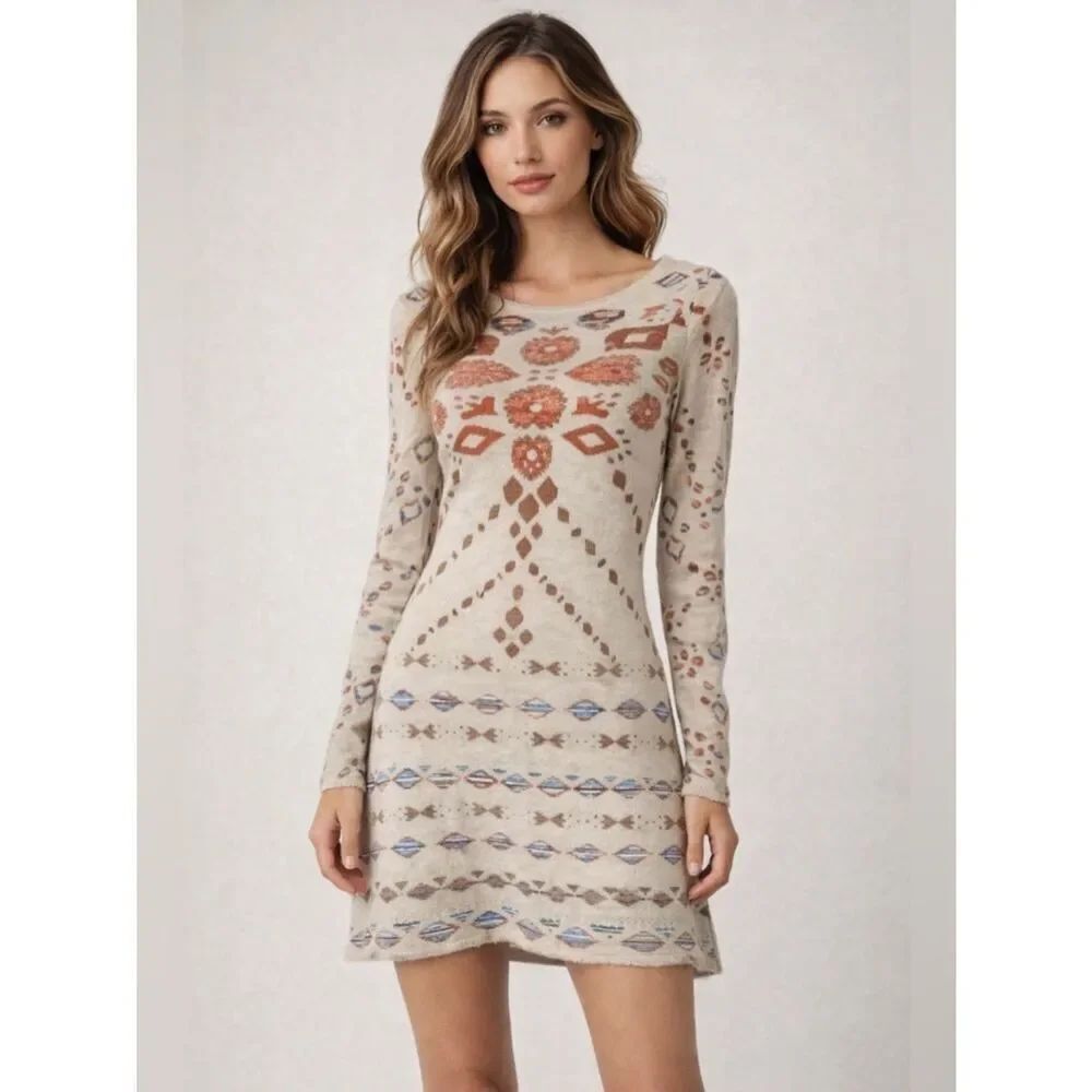 Gypsy 05 Beige Knit Dress with Rust & Blue Geometric Motif